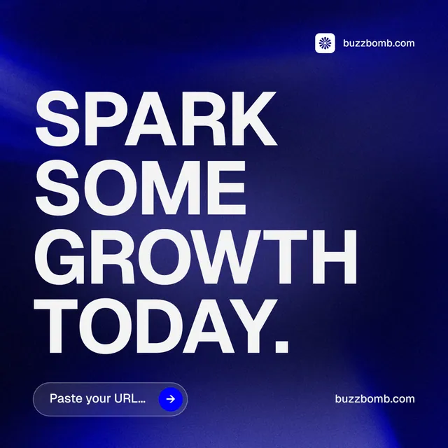 Instagram post for BuzzBomb: "Spark some growth today." Agentic glass style, poster layout, dark palette in blue, white.