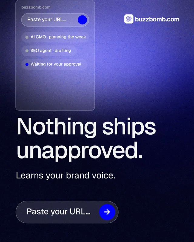Instagram portrait post for BuzzBomb: "Nothing ships unapproved." Agentic glass style, skeleton layout, dark palette in black, blue.