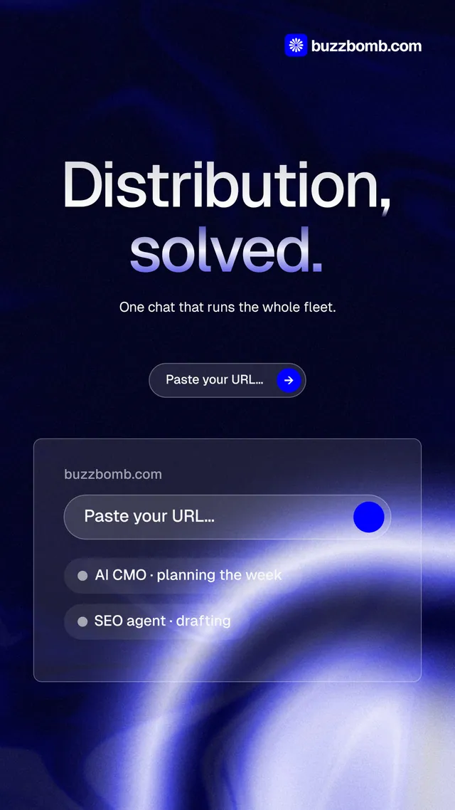Instagram story for BuzzBomb: "Distribution, solved." Agentic glass style, centred layout, dark palette in black, blue.