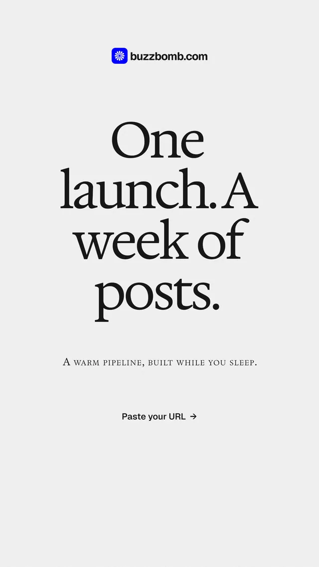 Instagram story for BuzzBomb: "One launch. A week of posts." Swiss style, smallcaps layout, light palette in white, grey.