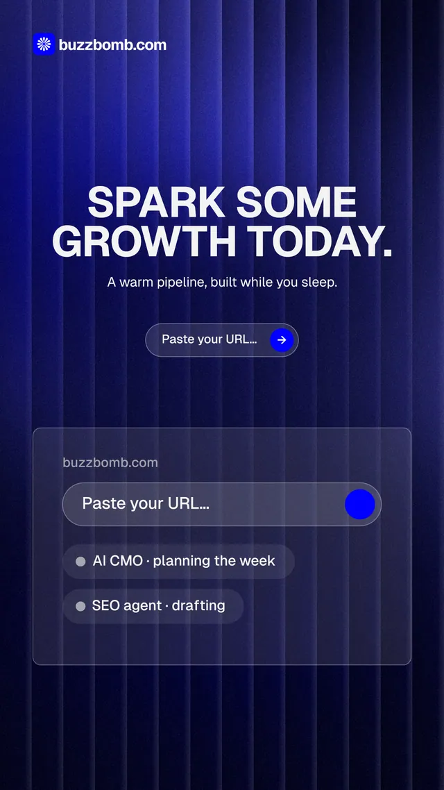 Instagram story for BuzzBomb: "Spark some growth today." Agentic glass style, centred layout, dark palette in black, blue, grey.