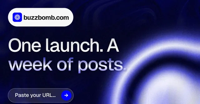 Social ad for BuzzBomb: "One launch. A week of posts." Agentic glass style, announce layout, dark palette in blue, black.