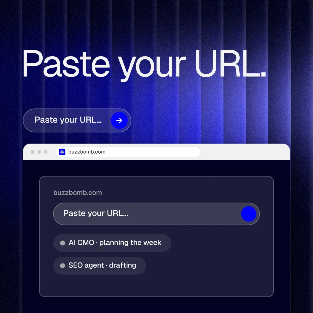 Instagram post for BuzzBomb: "Paste your URL." Agentic glass style, browser layout, dark palette in blue, black.