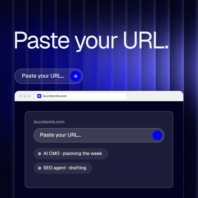 Instagram post for BuzzBomb: "Paste your URL." Agentic glass style, browser layout, dark palette in blue, black.