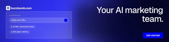 LinkedIn banner for BuzzBomb: "Your AI marketing team." Swiss style, right layout, dark palette in black, blue.