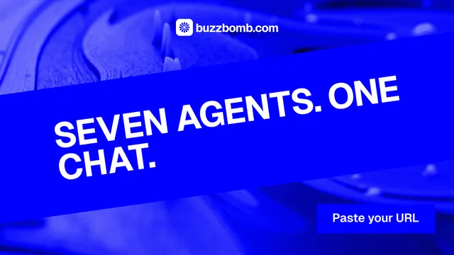 Landscape graphic for BuzzBomb: "Seven agents. One chat." Swiss style, diagonal layout, dark palette in blue.