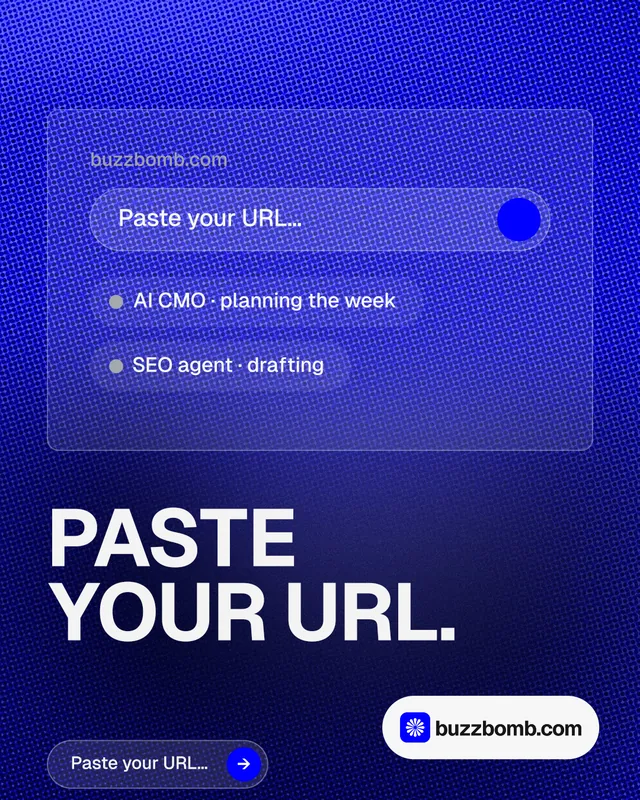 Instagram portrait post for BuzzBomb: "Paste your URL." Agentic glass style, bottom layout, dark palette in blue.