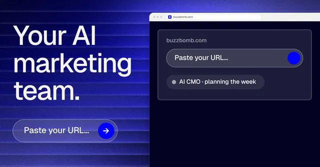 Social ad for BuzzBomb: "Your AI marketing team." Agentic glass style, browser layout, dark palette in blue, black.