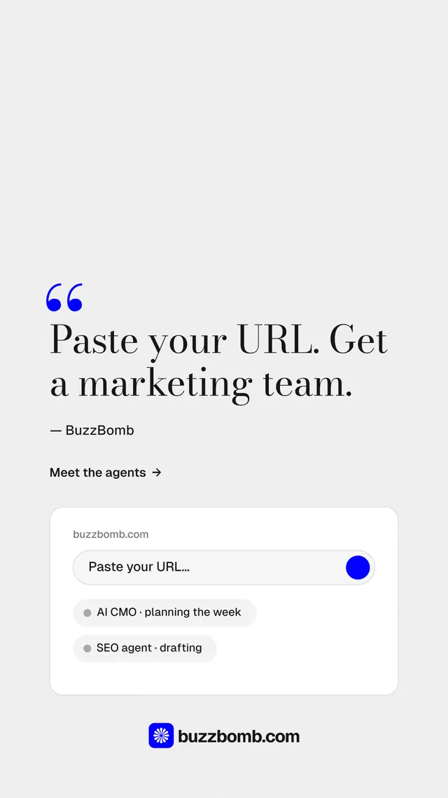 Instagram story for BuzzBomb: "Paste your URL." Minimal luxury style, quote layout, light palette in white.