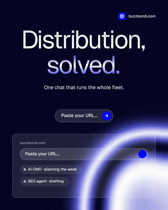 Instagram portrait post for BuzzBomb: "Distribution, solved." Agentic glass style, centred layout, dark palette in black, blue.