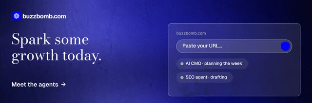 X header for BuzzBomb: "Spark some growth today." Minimal luxury style, bottom layout, dark palette in blue.