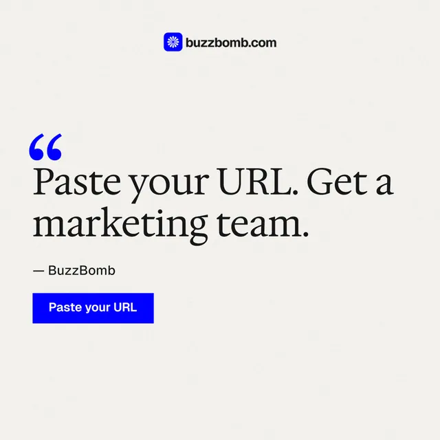 Instagram post for BuzzBomb: "Distribution, solved." Swiss style, quote layout, light palette in white, blue.