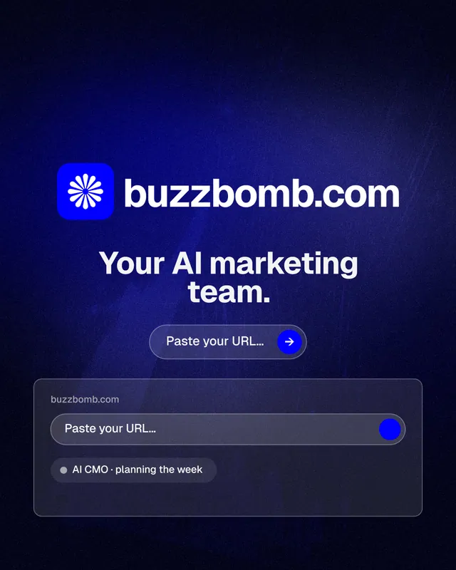 Instagram portrait post for BuzzBomb: "Your AI marketing team." Agentic glass style, logo hero layout, dark palette in black, blue.
