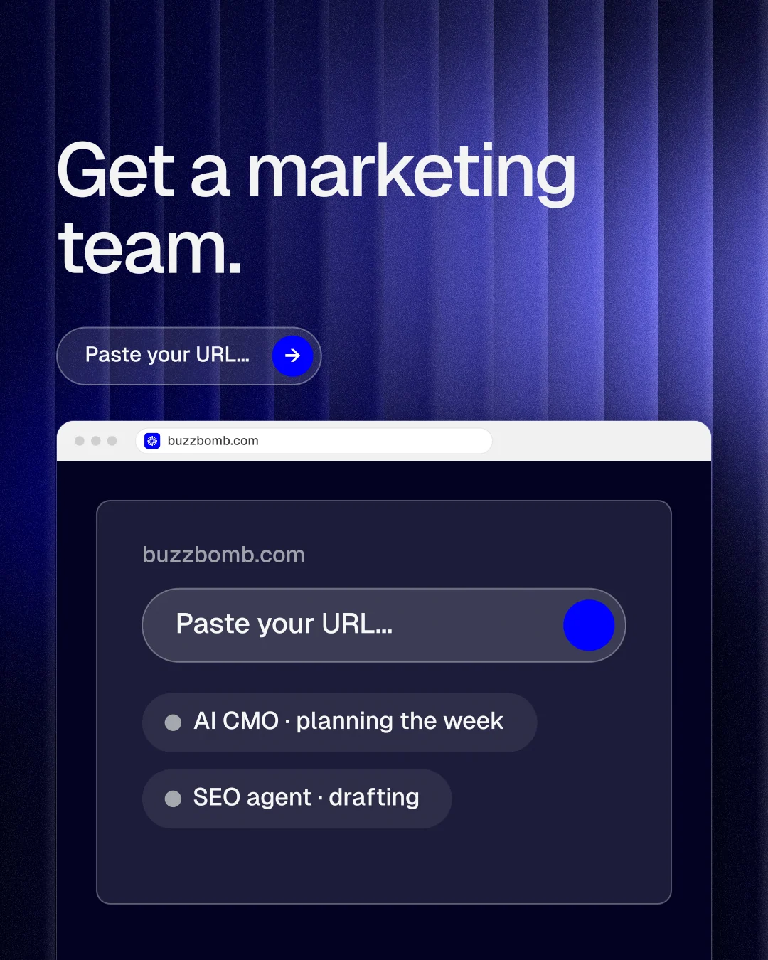Instagram portrait post for BuzzBomb: "Get a marketing team." Agentic glass style, browser layout, dark palette in blue, black.