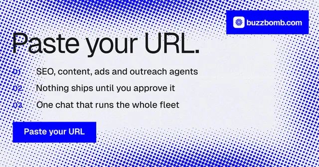 Social ad for BuzzBomb: "Paste your URL." Split block style, numbered layout, light palette in blue, white.