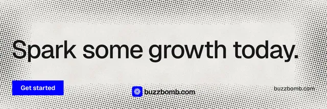 X header for BuzzBomb: "Spark some growth today." Swiss style, poster layout, light palette in grey, white.