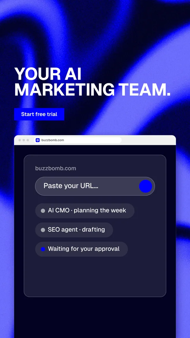 Instagram story for BuzzBomb: "Your AI marketing team." Swiss style, browser layout, dark palette in blue, black.