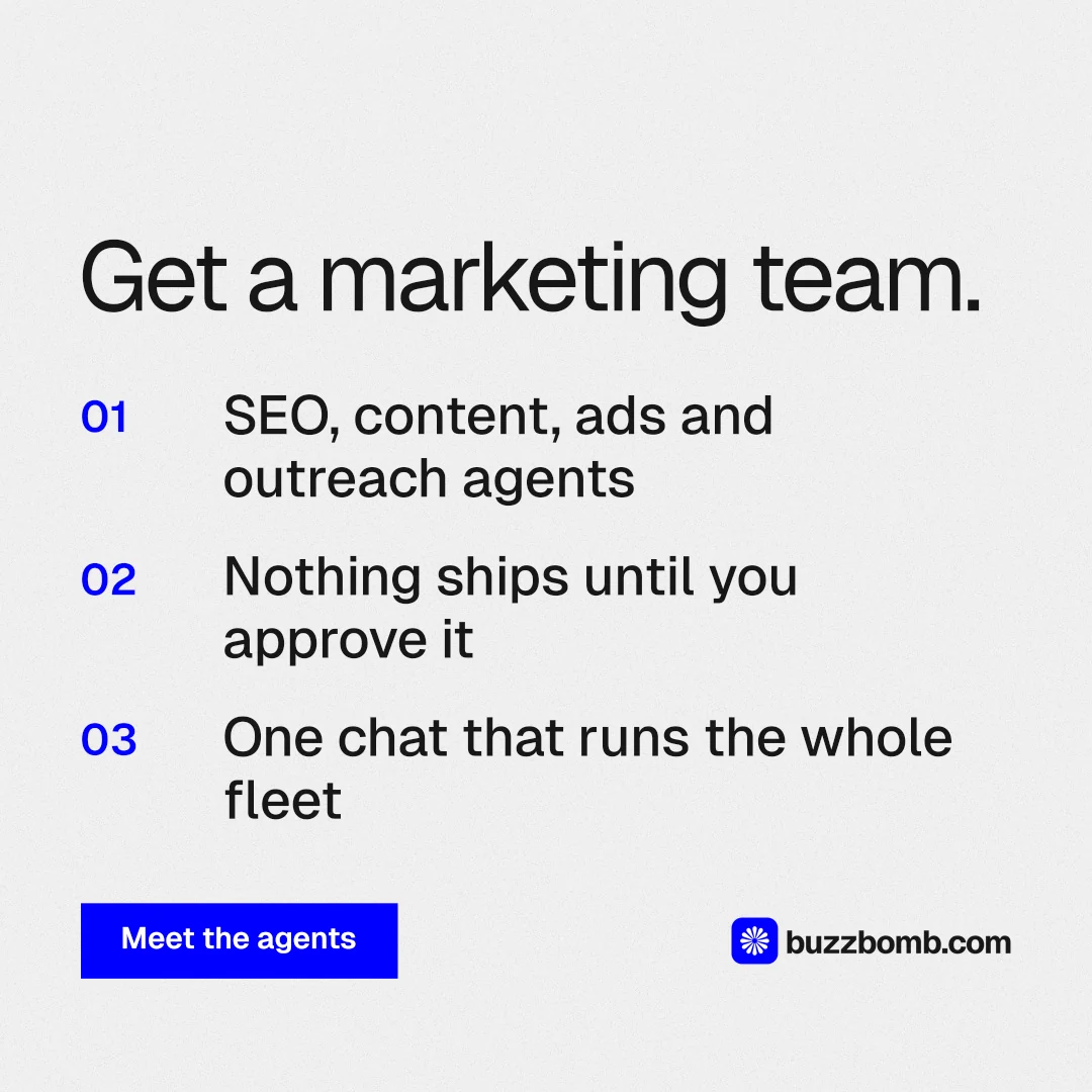 Instagram post for BuzzBomb: "Get a marketing team." Swiss style, numbered layout, light palette in white.