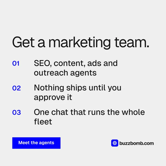 Instagram post for BuzzBomb: "Get a marketing team." Swiss style, numbered layout, light palette in white.