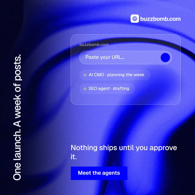 Instagram post for BuzzBomb: "One launch. A week of posts." Swiss style, vertical layout, dark palette in blue.