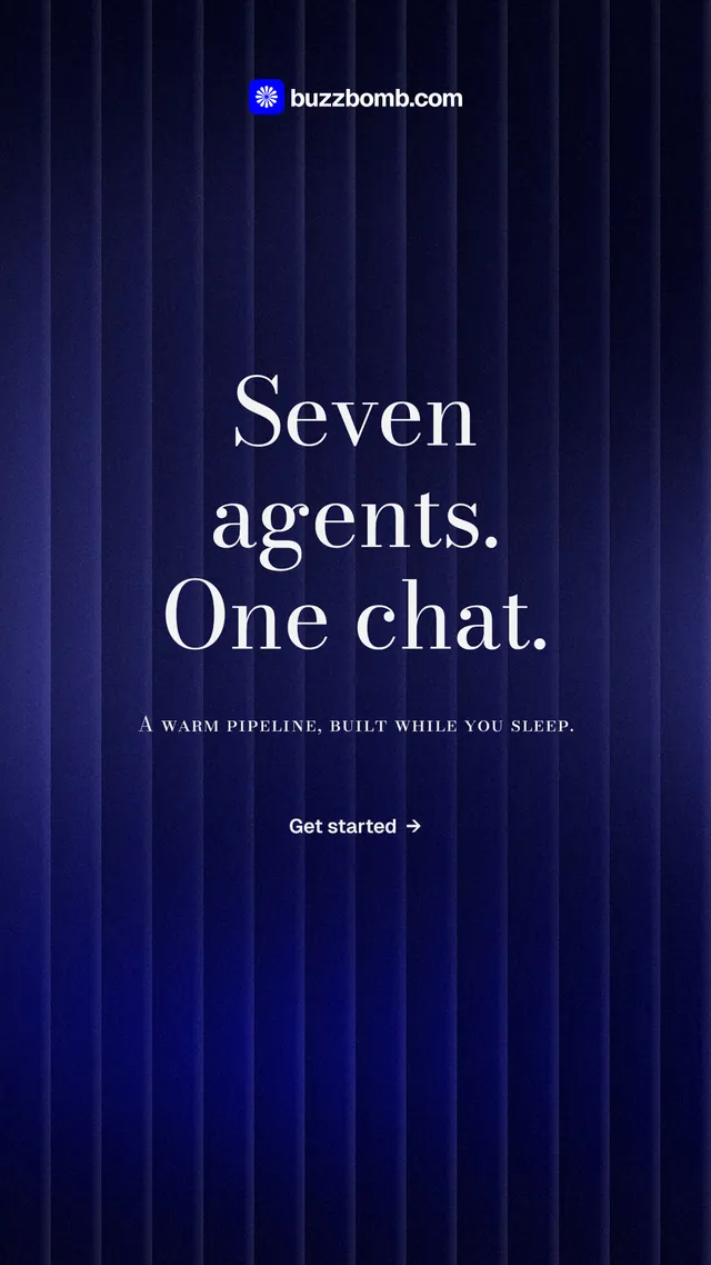 Instagram story for BuzzBomb: "Seven agents. One chat." Minimal luxury style, smallcaps layout, dark palette in black, blue.