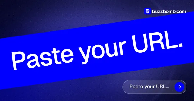 Social ad for BuzzBomb: "Paste your URL." Agentic glass style, diagonal layout, dark palette in blue.