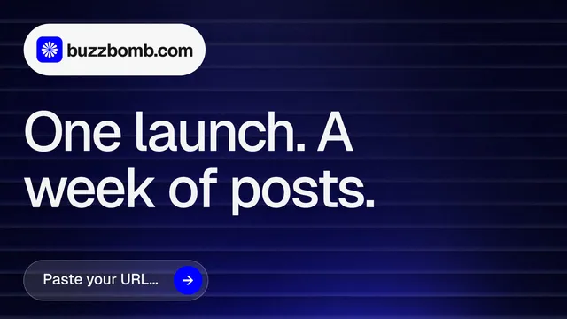 Landscape graphic for BuzzBomb: "One launch. A week of posts." Agentic glass style, announce layout, dark palette in black, blue, grey.