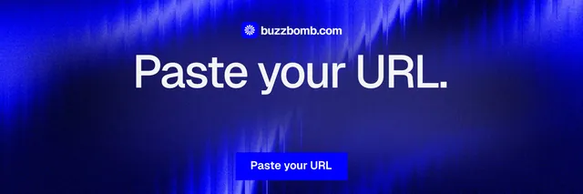 X header for BuzzBomb: "Paste your URL." Swiss style, centred layout, dark palette in blue.