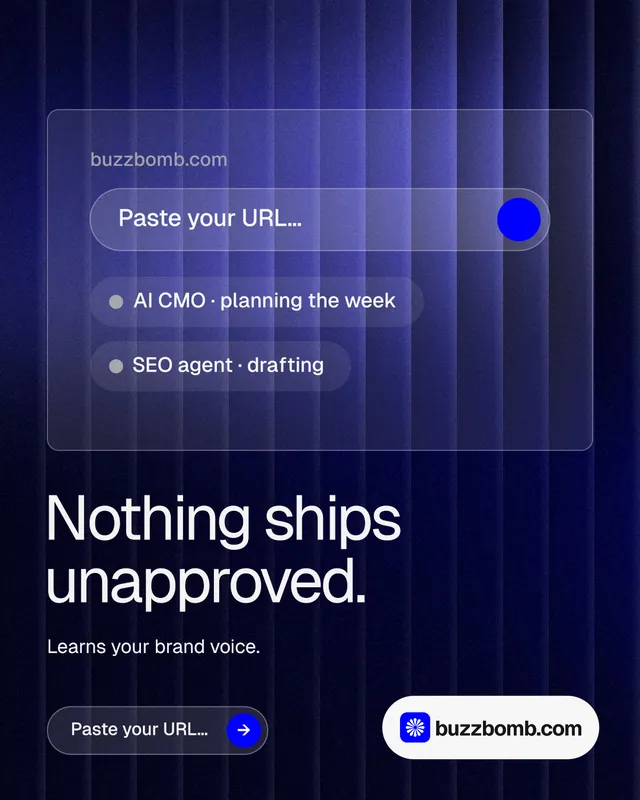 Instagram portrait post for BuzzBomb: "Nothing ships unapproved." Agentic glass style, bottom layout, dark palette in black, blue.