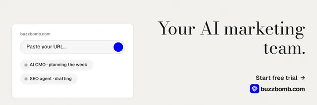 X header for BuzzBomb: "Your AI marketing team." Minimal luxury style, right layout, light palette in white.