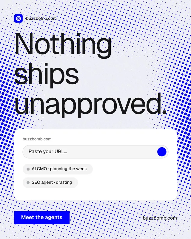 Instagram portrait post for BuzzBomb: "Nothing ships unapproved." Swiss style, poster layout, light palette in white, blue.