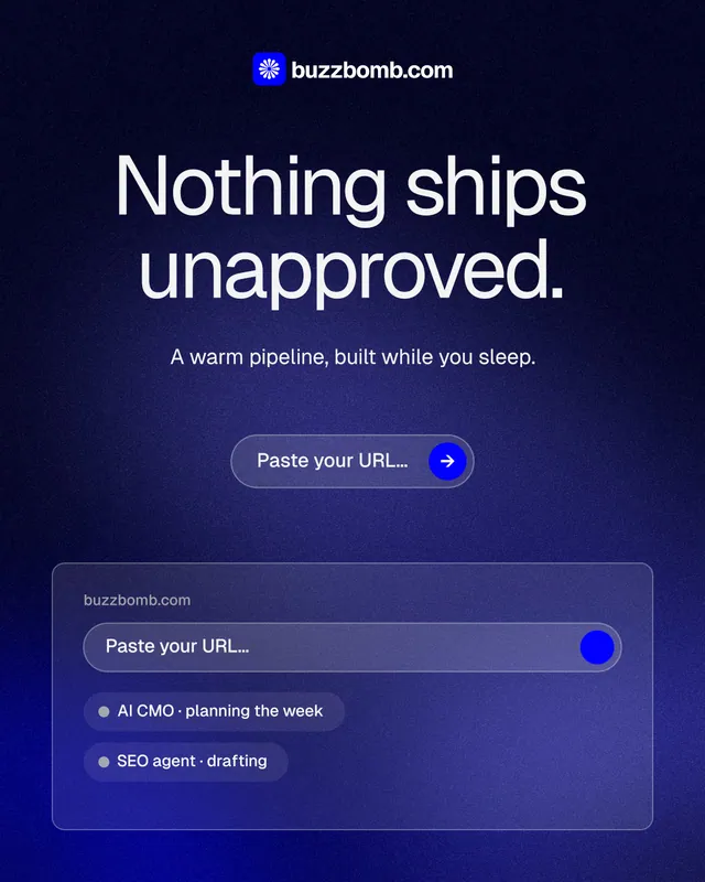 Instagram portrait post for BuzzBomb: "Nothing ships unapproved." Agentic glass style, centred layout, dark palette in black, blue, grey.