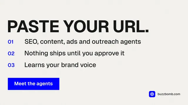 Landscape graphic for BuzzBomb: "Paste your URL." Swiss style, numbered layout, light palette in white, grey.