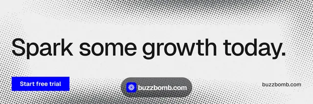 X header for BuzzBomb: "Spark some growth today." Swiss style, poster layout, light palette in white, grey.
