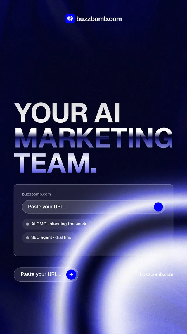 Instagram story for BuzzBomb: "Your AI marketing team." Agentic glass style, poster layout, dark palette in blue, black.
