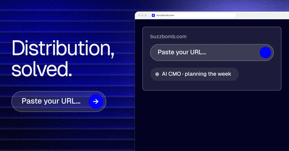 Social ad for BuzzBomb: "Distribution, solved." Agentic glass style, browser layout, dark palette in black, blue.