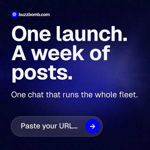 Instagram post for BuzzBomb: "One launch. A week of posts." Agentic glass style, skeleton layout, dark palette in blue, black, grey.
