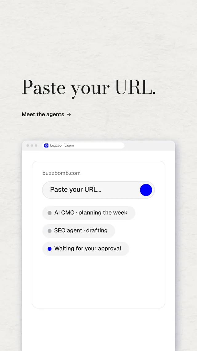 Instagram story for BuzzBomb: "Paste your URL." Minimal luxury style, browser layout, light palette in white.