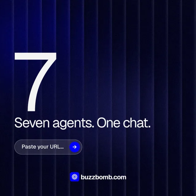 Instagram post for BuzzBomb: "Paste your URL." Agentic glass style, stat layout, dark palette in black, blue.