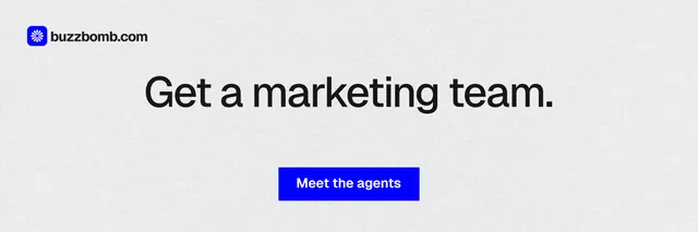 X header for BuzzBomb: "Get a marketing team." Swiss style, centred layout, light palette in white, blue.