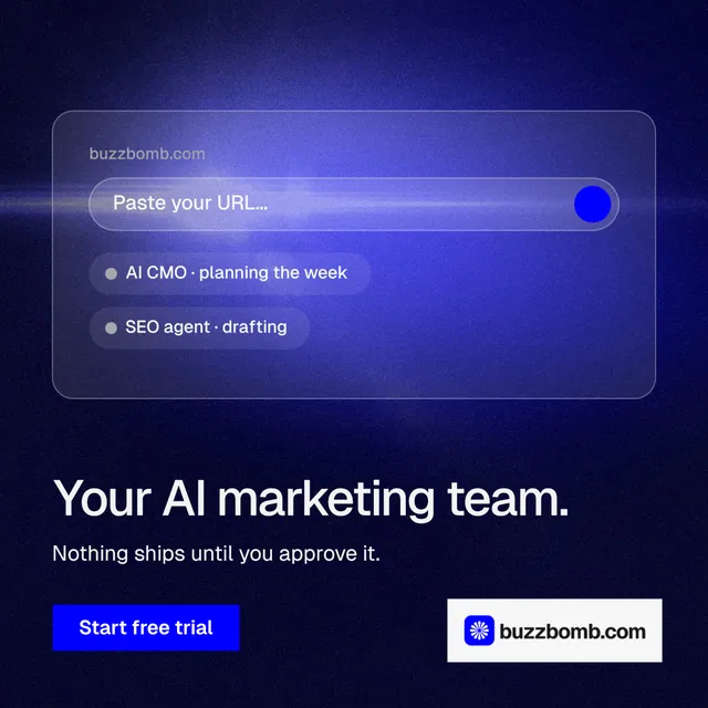 Instagram post for BuzzBomb: "Your AI marketing team." Swiss style, bottom layout, dark palette in black, blue.