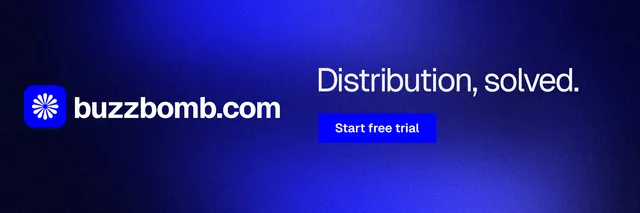 X header for BuzzBomb: "Distribution, solved." Swiss style, logo hero layout, dark palette in black, blue.