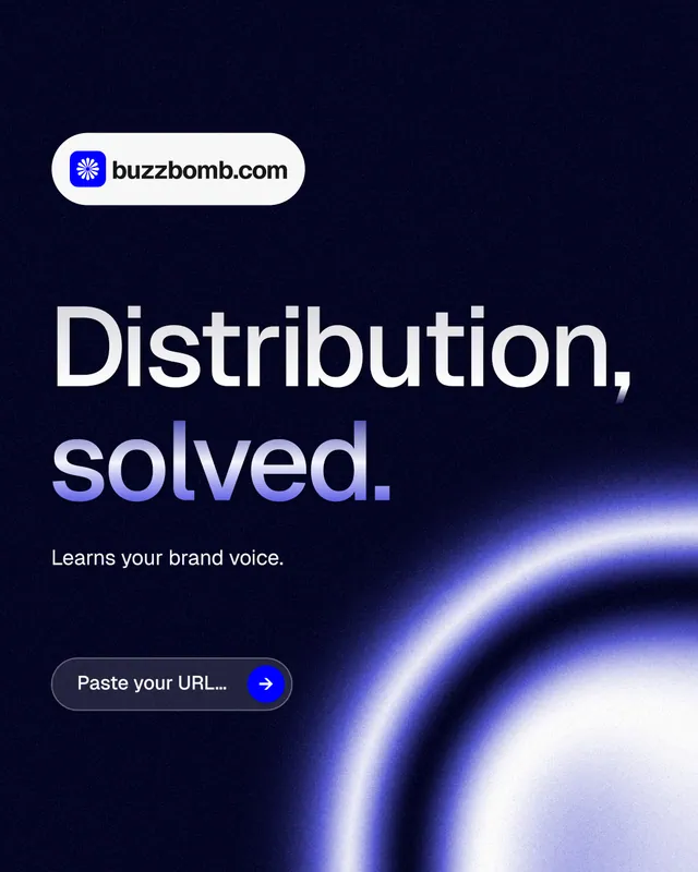 Instagram portrait post for BuzzBomb: "Distribution, solved." Agentic glass style, announce layout, dark palette in black, blue.