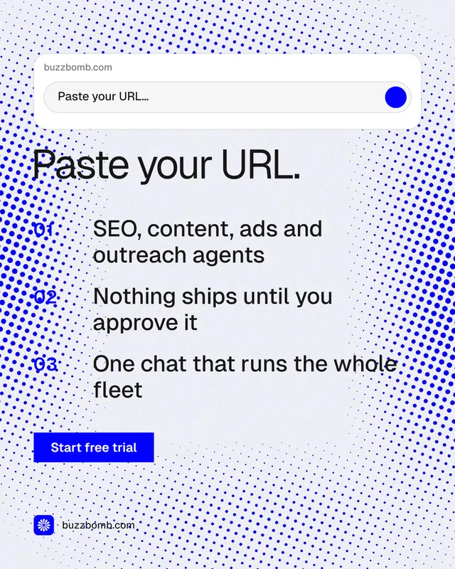 Instagram portrait post for BuzzBomb: "Paste your URL." Swiss style, numbered layout, light palette in blue, white.