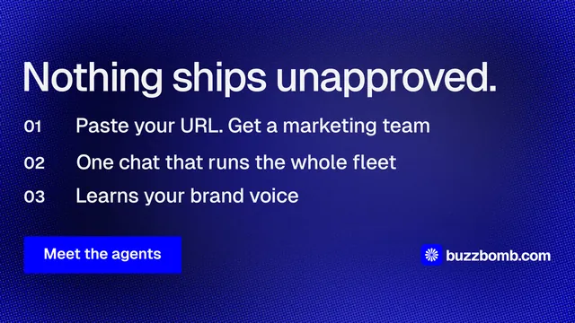 Landscape graphic for BuzzBomb: "Nothing ships unapproved." Swiss style, numbered layout, dark palette in blue.