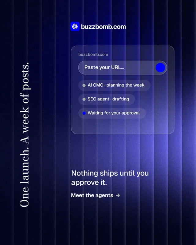 Instagram portrait post for BuzzBomb: "One launch. A week of posts." Minimal luxury style, vertical layout, dark palette in black, blue.