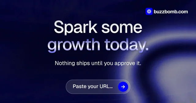 Social ad for BuzzBomb: "Spark some growth today." Agentic glass style, centred layout, dark palette in black, grey, blue.