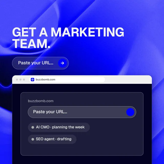 Instagram post for BuzzBomb: "Get a marketing team." Agentic glass style, browser layout, dark palette in blue, black.