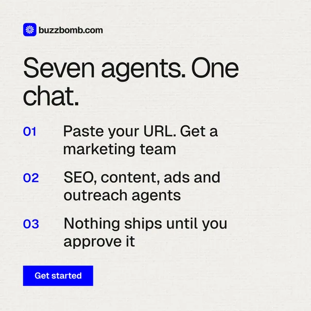 Instagram post for BuzzBomb: "Seven agents. One chat." Swiss style, numbered layout, light palette in white, grey.