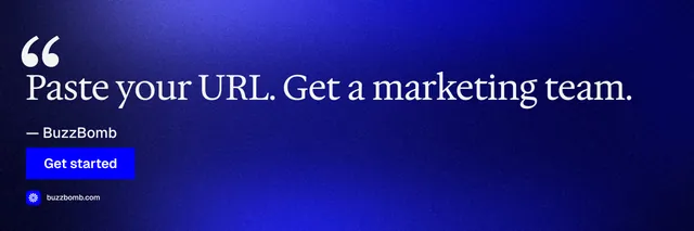 X header for BuzzBomb: "Your AI marketing team." Swiss style, quote layout, dark palette in blue.
